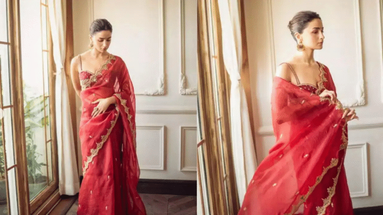 Alia Bhatt Dazzles in ₹28,000 Red ‘Saree’ Dress for Intimate Christmas Dinner