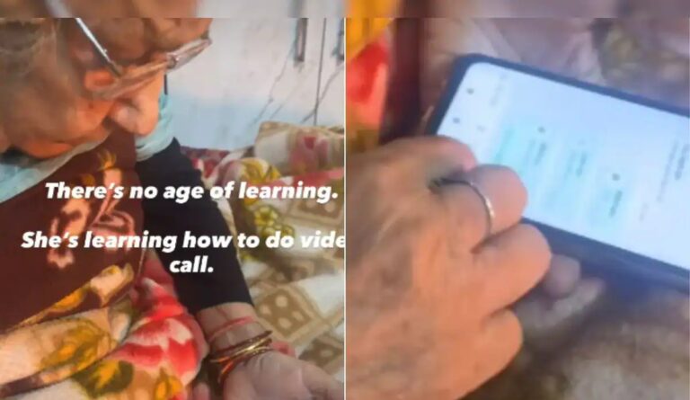 Shaking Hands of Grandmother Learning Video Calls