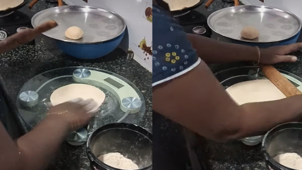 Woman uses weighing machine to make roti,