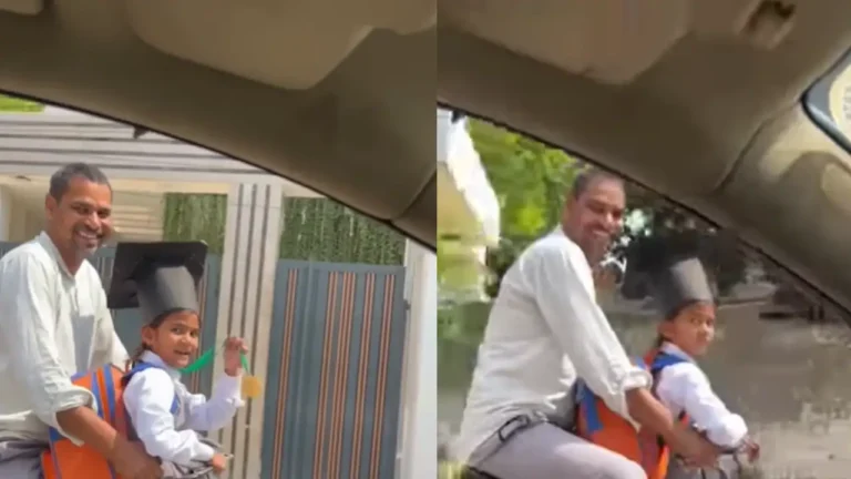 Girl Proudly Showing Medal on Bicycle Ride with Father