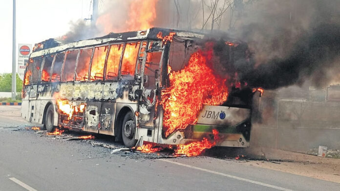 TGSRTC Electric Bus Gutted by Fire Near Karimnagar TGSRTC Electric Bus Gutted by Fire Near Karimnagar